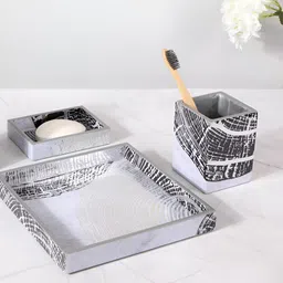 THE HOME CO. Grey & Black 4 Pieces Abstract Printed Matte Finish Wooden Bath Accessories-25