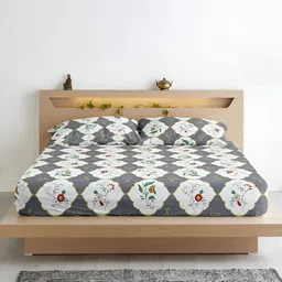 Aurave Grey Floral Printed Microfiber 210 TC Fitted King Bedsheet with 2 Pillow Covers-image-84