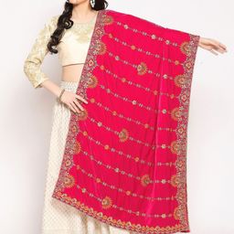 Dupatta Bazaar Pink & Orange Embroidered Velvet Dupatta-image-43