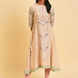 W Floral Printed Boat Neck Asymmetric A-Line Kurta-image-53