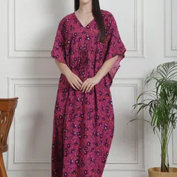 Secret Wish Printed V-Neck Pure Cotton Maxi Kaftan Nightdress-picture-31