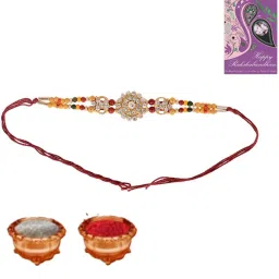 Designer PinkC-Single-70 Zardosi Rakhi, Greeting Card, Chawal Roli Pack Set-12