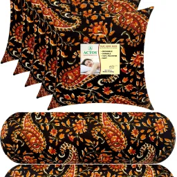 Combo Set Of 5 Cushion And 2 Microfibre Floral Bolster Pack of 7-1