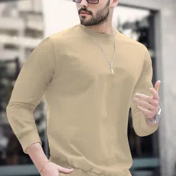 Men Solid Round Neck Cotton Blend Beige T-Shirt-image-11