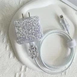 Micvir Charger Cover for iPhone 18W-20W Charger, 3D Cartoon Design Sparkle Grey, Spiral Cable Protector-image-14