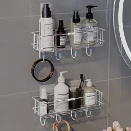 Self-Adhesive Multipurpose Bathroom Shelf with Hooks/Towel Holder/Rack-Pack of 2 Stainless Steel Wall Shelf-image-1