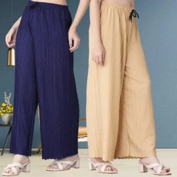Pack of 2 Women Relaxed Blue, Beige Lycra Blend Trousers-image-57