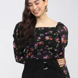 Casual Puff Sleeves Self Design Women Black Top-image-18