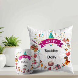 Happy Birthday Dolly Coffee Cup and Cushion with Filler Combo Name -Dolly Ceramic Coffee Mug-image-56