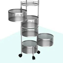 kuber industries 5-Tier Rotating Multipurpose Storage Rack Trolley with Wheels | Silver Iron Fruit & Vegetable Basket image 3