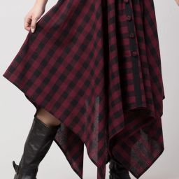 Women Checkered Asymetric Maroon Skirt-image-2