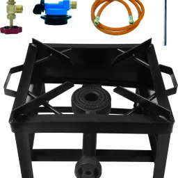 MS Black Color Powder Coating Square Gas Bhatti/Stove with Fitted Brass Nut Hose Pipe, High Pressure Regulator and Valve (12Lx12Wx8H Inch, Black) Iron Manual Gas Stove-image-19