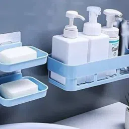 Bathroom Shelf Kitchen Shelf Soap Box Stand Combo - Wall Mount Bathroom Accessories for Home Decor with Self Adhesive Sticker - White (Combo Bathroom Shelves 1Pcs+ Soap Stand 2Pcs) Plastic Wall Shelf (Number of Shelves - 3, White) Plastic Wall Shelf-image-66