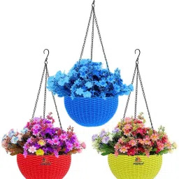 7" Size Decorative Woven Design Hanging Euro Basket For Indoor and Outdoor with Chain for flowers and Gardening Decor and Plants Plastic Vase-18