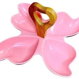4 Compartment Leafy Pink Ceramic Platter with Wooden Handle for Chips & Dips Tray Serving Set-4
