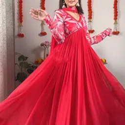 Printed, Embroidered Georgette Stitched Flared/A-line Gown-13