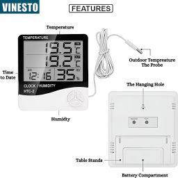 vinesto HTC-2 HTC-2 Digital Hygrometer Thermometer Humidity Meter With Clock LCD Display All-in-One Digital Moisture Measurer image 2