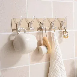 Self Adhesive No Drills Wall/Rail/Kitchen/Bathroom Strong Sticky Towel Hanger Hook (5 Hooks, 36 x 6cm | Multicolour) Hook Rail 5-22