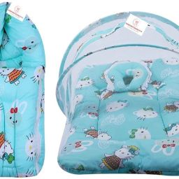 New Born Baby Cotton Net Bedding Set with Carry Bag Combo (Firozi) Convertible Bedding set-23
