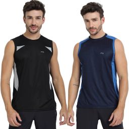 Pack of 2 Men Solid Round Neck Polyester Dark Blue, Black T-Shirt-image-33