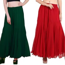 Pack of 2 Women Flared Green Georgette Trousers-image-93