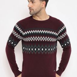 Men Chevron/Zig Zag Round Neck Maroon Sweater-image-18