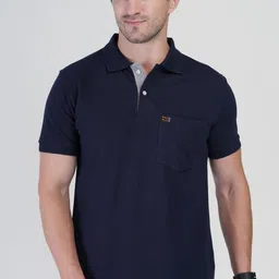 polo plus Men Solid Polo Neck Pure Cotton Navy Blue T-Shirt-picture-0