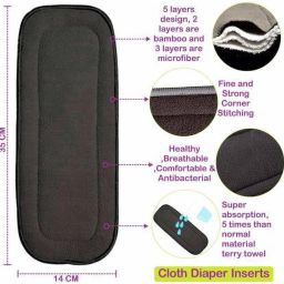 Pack of 3 Wetfree Reusable Washable Cotton Diaper Nappy Inserts for Baby Cloth Diapers, 5 Layer Bamboo Charcoal Inserts Liners Natures Cloth Diaper Liner - M (3 Pieces-12