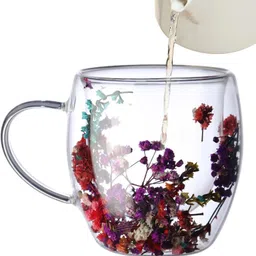 markques Pack of 1 Borosilicate Glass 250ML Double Wall Mug With Handle for Tea Coffee Drinking (With Dry Flower)-picture-45