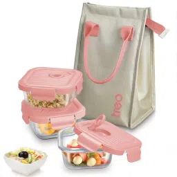 Lumino Fresh Square Borosilicate Glass Lunch Box Set of 3 Peach 320ml Each & Bag 3 Containers Lunch Box-picture-0