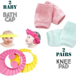 Baby Shower Cap Hat Wash Hair Shield for Kids Head + 2 pairs baby knee pad-image-1