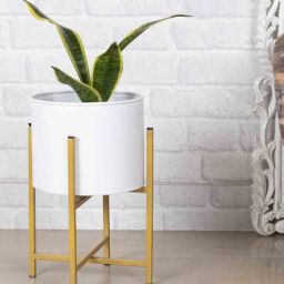 homesake 13" Mid Century Large Gold Metal Floor Planter Stand With White Pot-picture-21