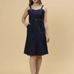 Women A-line Blue Knee Length Dress-image-42