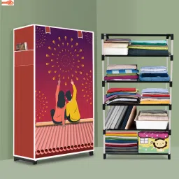 5 Shelf Foldable Collapsible Wardrobe Storage Organizer Almirah Cloth Rack PVC Collapsible Wardrobe-image-99
