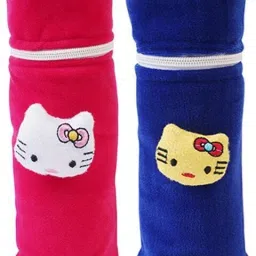 Soft Plush Stretchable Baby Feeding Bottle Cover Easy to Hold Strap and Zip|Suitable for 130 ML-250 ML Feeding Bottle-Dark Pink-Dark Blue-image-2