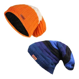 Knotyy Unisex Orange & Blue Set of 2 Self Deisgn Beanie-7