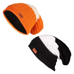 Knotyy Pack Of 2 Black & Orange Colourblocked Acrylic Beanies-image-11