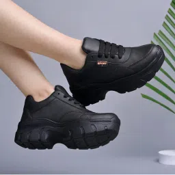 Shoetopia Lace-Up Detail Black Chunky Sneakers for Women-picture-5