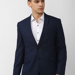 V Dot Men Navy Blue Checked Single-Breasted Slim-Fit Casual Blazer-37