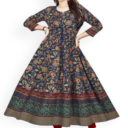 KALINI Women Navy Blue & Beige Ethnic Motifs Printed Anarkali Kurta with Tie-Ups-17