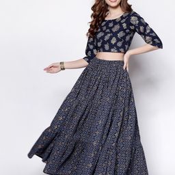 Sera Navy Blue & Gold-Toned Printed Ready to Wear Lehenga-picture-13