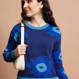 Tokyo Talkies Navy Blue Floral Printed Acrylic Pullover-image-9