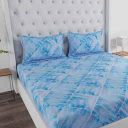 Huesland Grey & Blue Abstract Printed144 TC King Bedsheet With 2 Pillow Covers-image-34