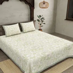 JAIPUR FABRIC Green & White Ethnic Motifs Cotton 300 TC King Bedsheet with 2 Pillow Covers-image-57