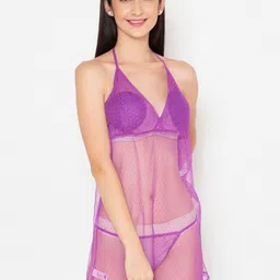 Clovia Self-Patterned Sheer Halter-Neck Babydoll with Matching Thong-image-84