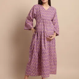 Secret Wish Printed Pure Cotton Maxi Maternity Nightdress-image-76