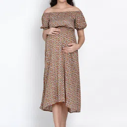 SIDE KNOT Floral Printed Off-Shoulder Fit & Flare Maternity Midi Dress-image-51
