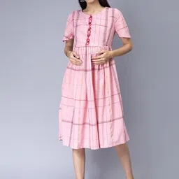 Cot'N Soft Checked Round Neck Pure Cotton Fit & Flare Maternity Dress-picture-23