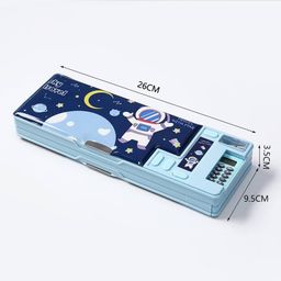 SWOPPERRY Double Layer Multifunctional Large-Capacity Plastic Compass Box (Sky Travel Astronaut) with Built-in Calculator - Stationery Organizer for Kids & Students, Blue image 2