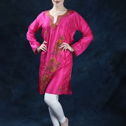 Exotic India Floral Embroidered Notched Neck Pure Silk Kurti-picture-19